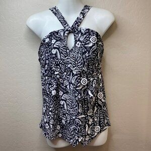 Crown & Ivy Womens Black White Floral Print Keyhole Tankini Swim Top Size Medium